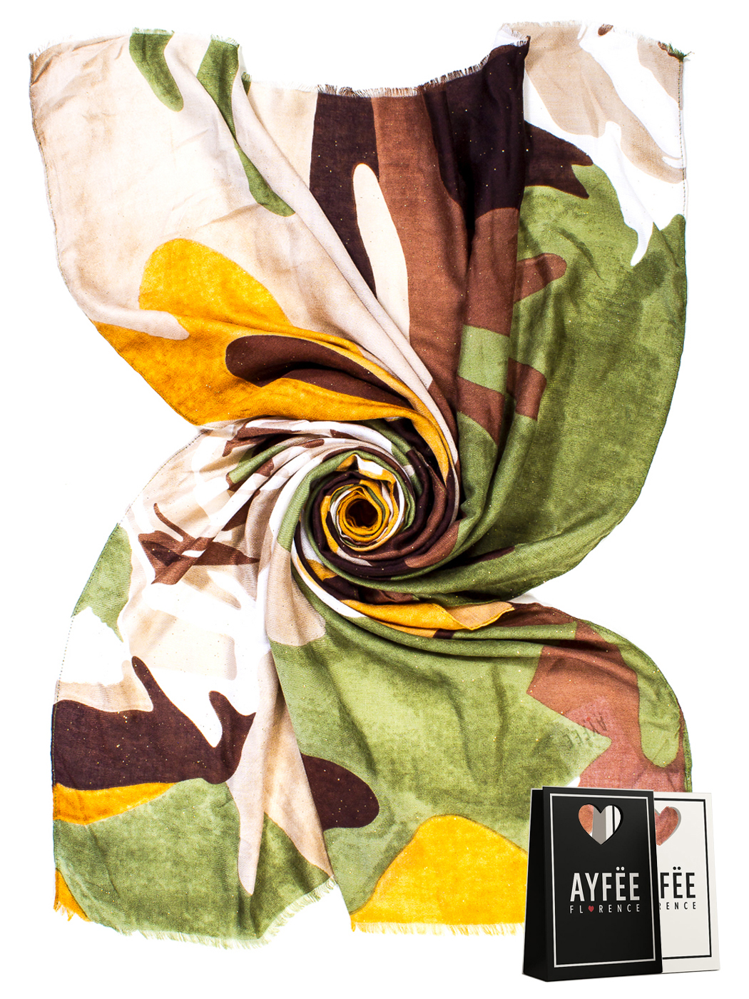 STOLA STAMPA CAMOUFLAGE MULTICOLOR CON GLITTER, CM 90*180, 100% VISCOSE, MADE IN PRC  - GREEN